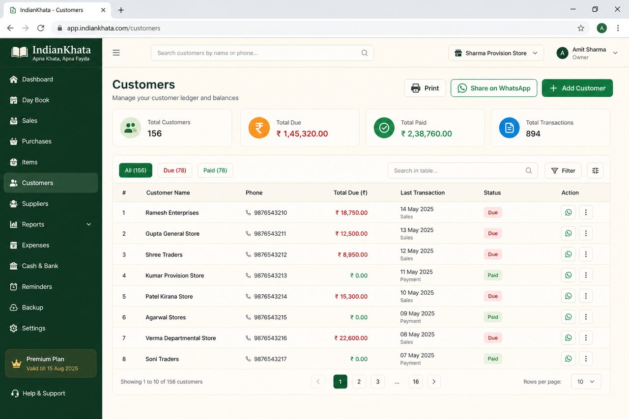 Grahak baaki aur ledger desktop pe.
